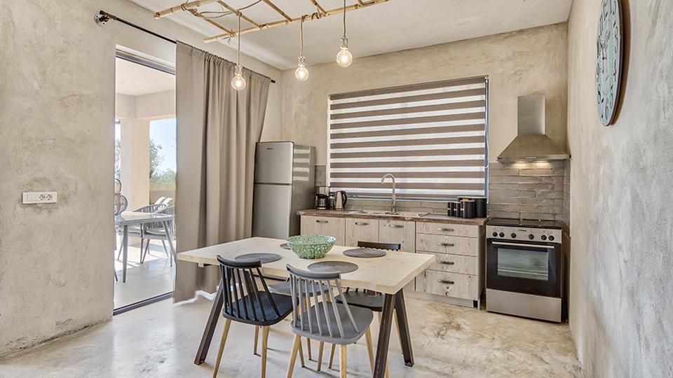 Alonia Villas Griekenland keuken met eettafel Alonia Villas in Griekenland keuken met een inductieplaat, oven, koffiezetapparaat en een waterkoker.