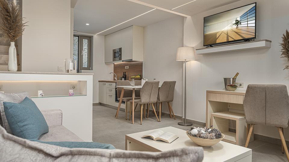 Lente Vivus Griekenland Studio kleine keuken eettafel Lente Vivus in Griekenland woonkamer met een televisie.